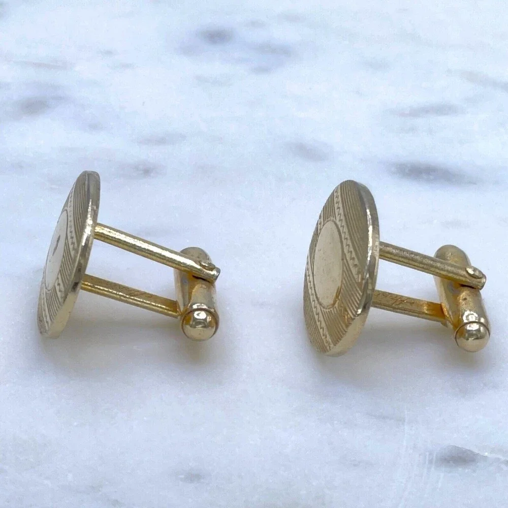 Mens Vintage Signed Anson Oval Gold Tone Textured Striped Bullet Back Cufflinks